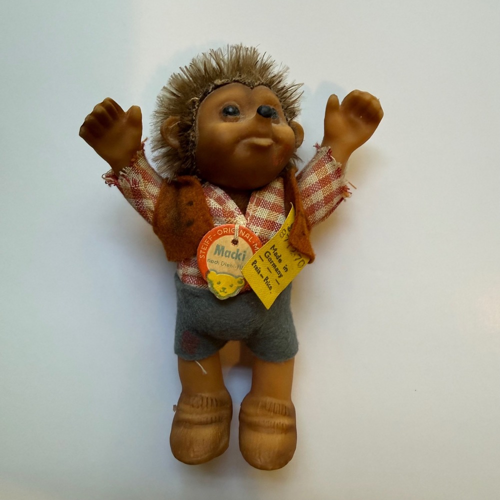 Vintage German Steiff Macki Hedgehog Doll 4.75in Toy Brown Plaid Mid Century